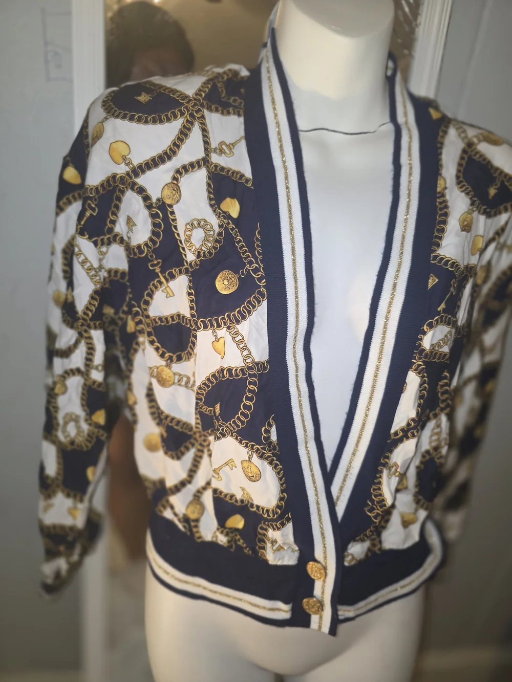 Chain Print Navy & White Women's Cardigan Jacket